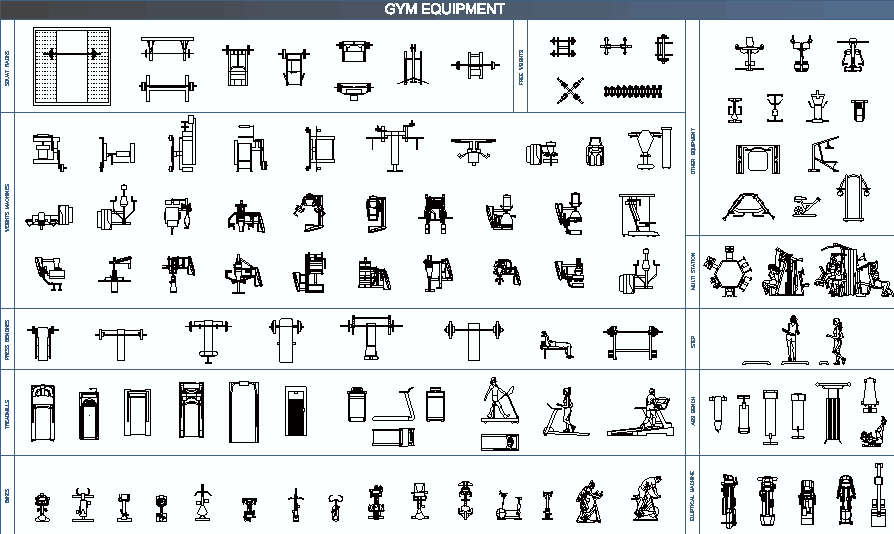 Blocos FP: Biblioteca CAD Equipamentos para Academia – Gym Equipaments